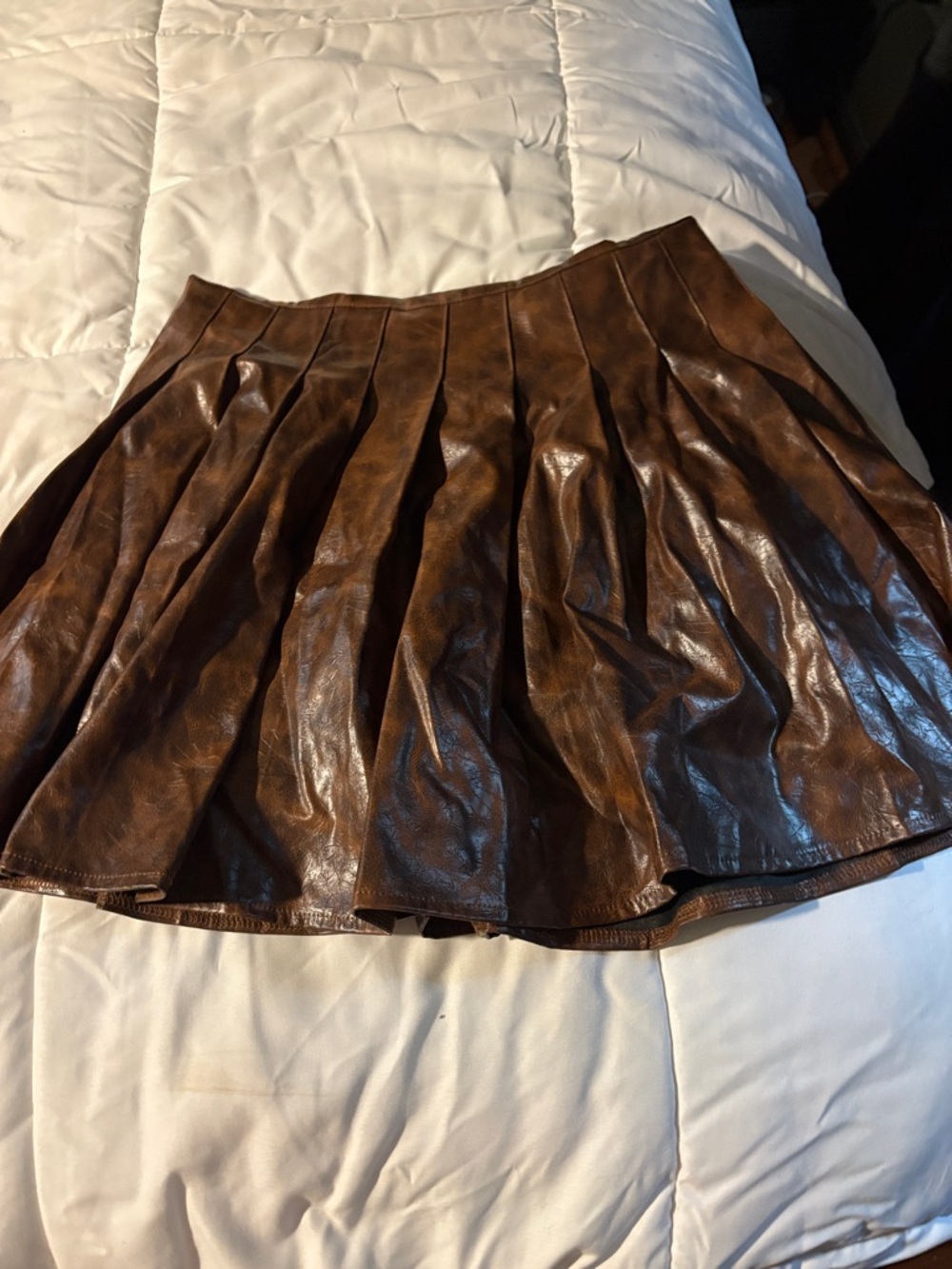 Brown Faux Leather Pleated Mini Skirt